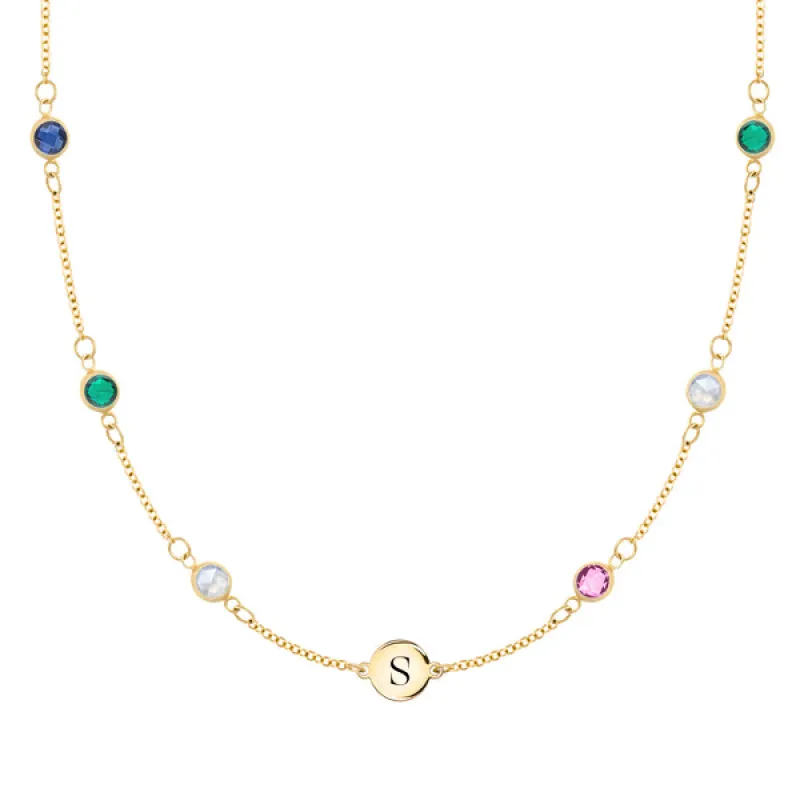 Personalized Classic 1 Letter & 6 Birthstone Necklace in 14k Gold (Double Spacing) sold by Haverhill