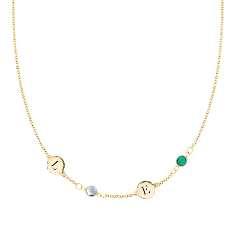 Personalized Classic 2 Letter & 2 Birthstone Necklace in 14k Gold (Single Spacing) sold by Haverhill