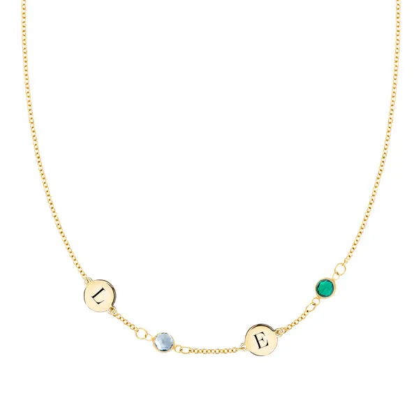 Personalized Classic 2 Letter & 2 Birthstone Necklace in 14k Gold (Single Spacing) sold by Haverhill
