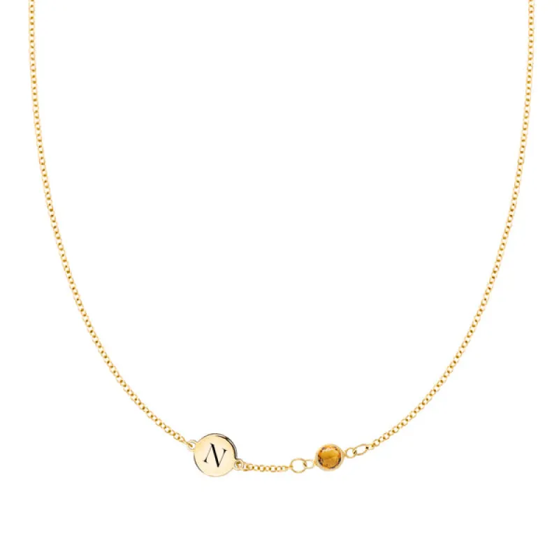 Personalized Classic 1 Letter & 1 Birthstone Necklace in 14k Gold (Single Spacing) sold by Haverhill