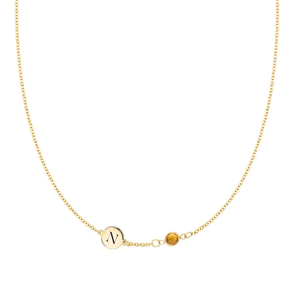 Personalized Classic 1 Letter & 1 Birthstone Necklace in 14k Gold (Single Spacing) sold by Haverhill