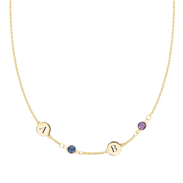 Personalized Classic 2 Letter & 2 Birthstone Necklace in 14k Gold (Single Spacing) sold by Haverhill