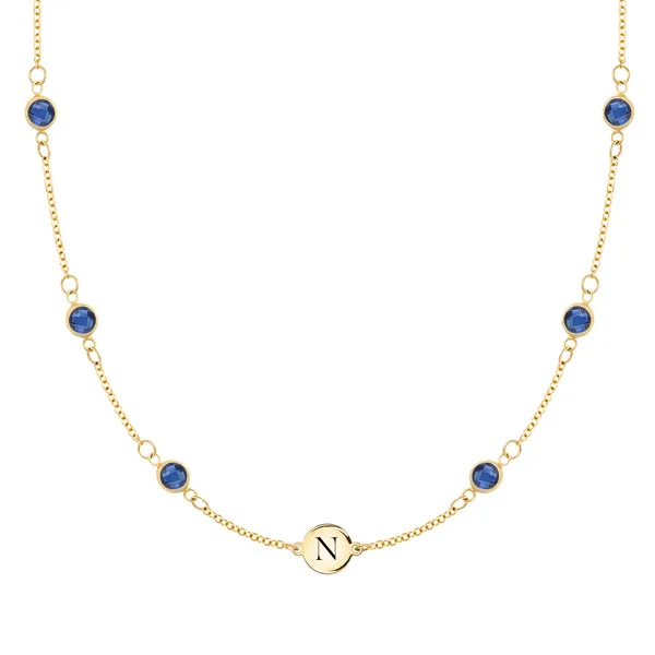 Personalized Classic 1 Letter & 6 Birthstone Necklace in 14k Gold (Double Spacing) sold by Haverhill