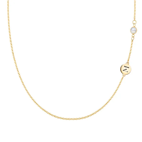 Personalized Classic 1 Letter & 1 Moonstone Necklace in 14k Gold (June) sold by Haverhill