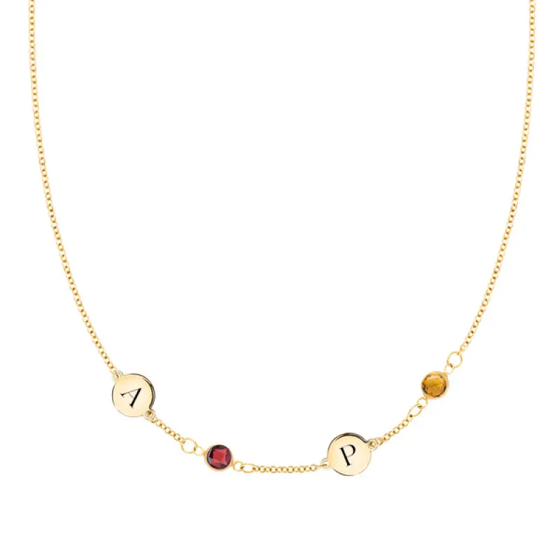 Personalized 2 Letter & 2 Classic Birthstone Necklace in 14k Gold (Single Spacing) sold by Haverhill
