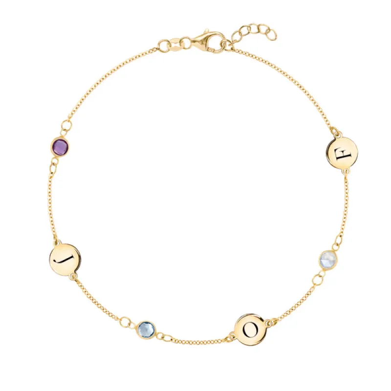 Personalized Classic 3 Letter & 3 Birthstone Bracelet in 14k Gold sold by Haverhill