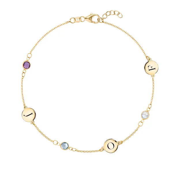 Personalized Classic 3 Letter & 3 Birthstone Bracelet in 14k Gold sold by Haverhill