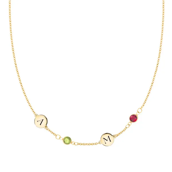 Personalized 2 Letter & 2 Classic Birthstone Necklace in 14k Gold (Single Spacing) sold by Haverhill