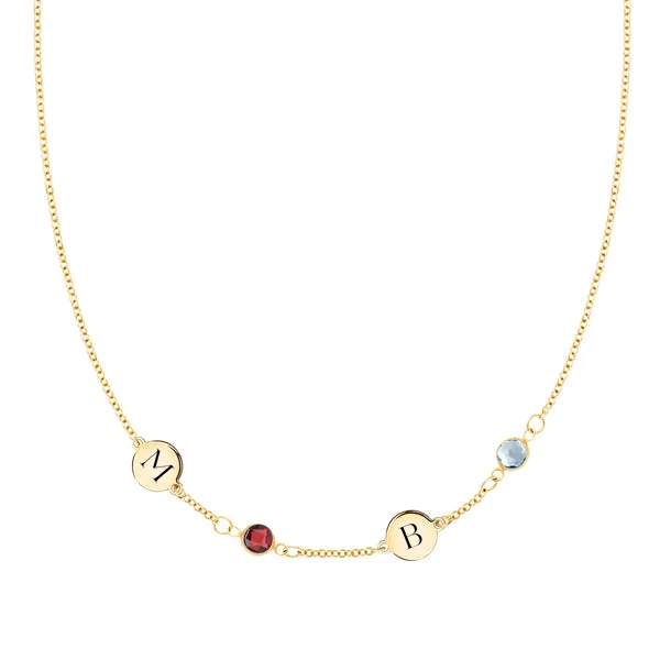 Personalized Classic 2 Letter & 2 Birthstone Necklace in 14k Gold (Single Spacing) sold by Haverhill