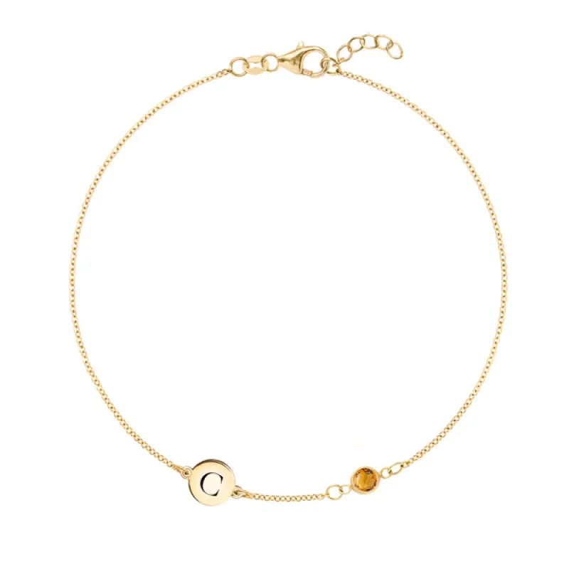 Personalized Classic 1 Letter & 1 Citrine Bracelet in 14k Gold (November) sold by Haverhill