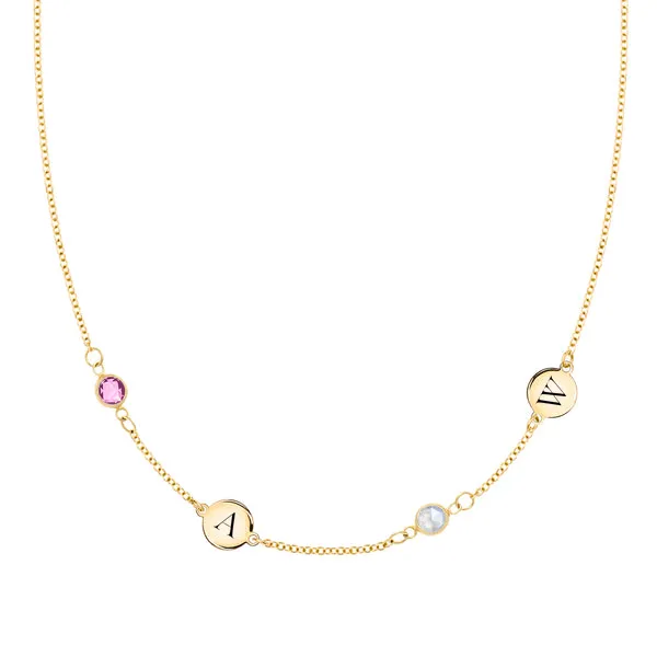 Personalized 2 Letter & 2 Classic Birthstone Necklace in 14k Gold (Double Spacing) sold by Haverhill