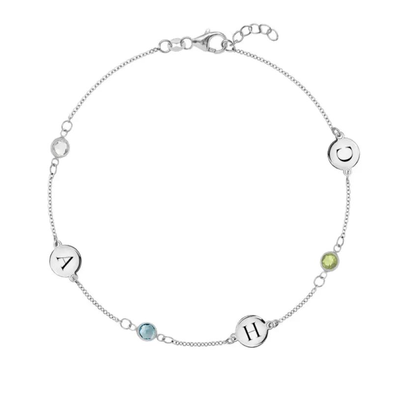 Personalized 3 Letter & 3 Classic Birthstone Bracelet in 14k Gold sold by Haverhill