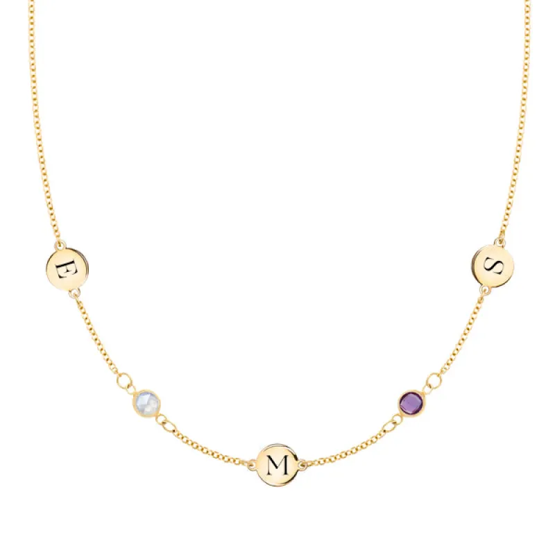 Personalized Classic 3 Letter & 2 Birthstone Necklace in 14k Gold (Double Spacing) sold by Haverhill