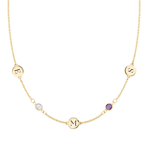 Personalized Classic 3 Letter & 2 Birthstone Necklace in 14k Gold (Double Spacing) sold by Haverhill