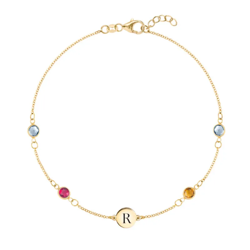 Personalized Classic 1 Letter & 4 Birthstone Bracelet in 14k Gold sold by Haverhill