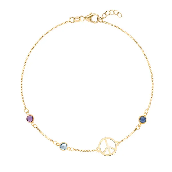 Personalized Peace Sign & 3 Birthstone Bracelet in 14k Gold sold by Haverhill