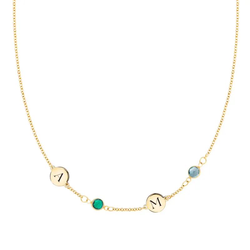 Personalized Classic 2 Letter & 2 Birthstone Necklace in 14k Gold (Single Spacing) sold by Haverhill