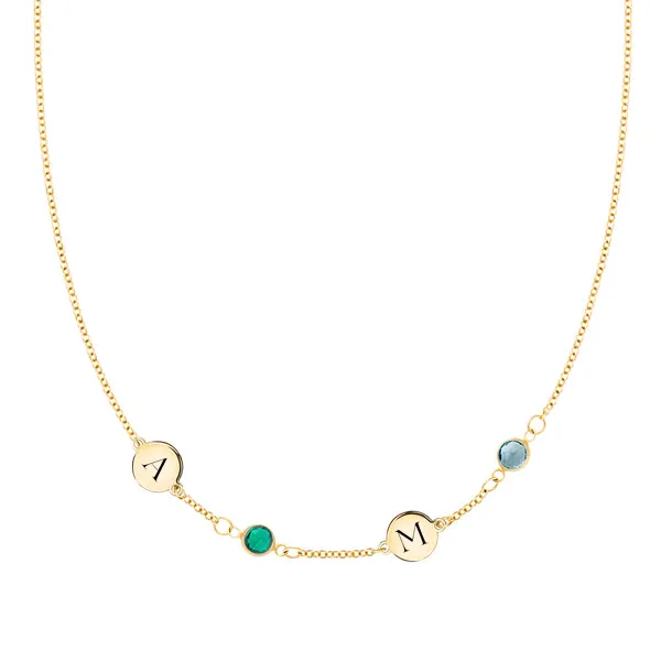 Personalized Classic 2 Letter & 2 Birthstone Necklace in 14k Gold (Single Spacing) sold by Haverhill