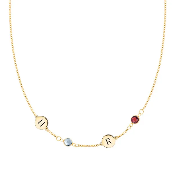 Personalized 2 Letter & 2 Classic Birthstone Necklace in 14k Gold (Single Spacing) sold by Haverhill