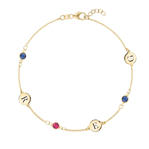 Personalized Classic 3 Letter & 3 Birthstone Bracelet in 14k Gold sold by Haverhill