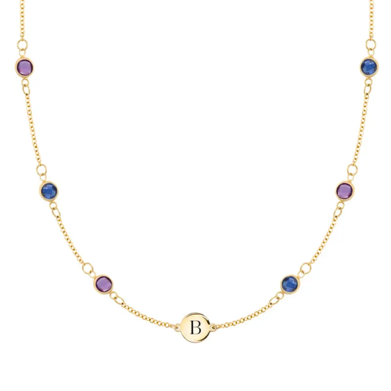 Personalized Classic 1 Letter & 6 Birthstone Necklace in 14k Gold (Double Spacing) sold by Haverhill