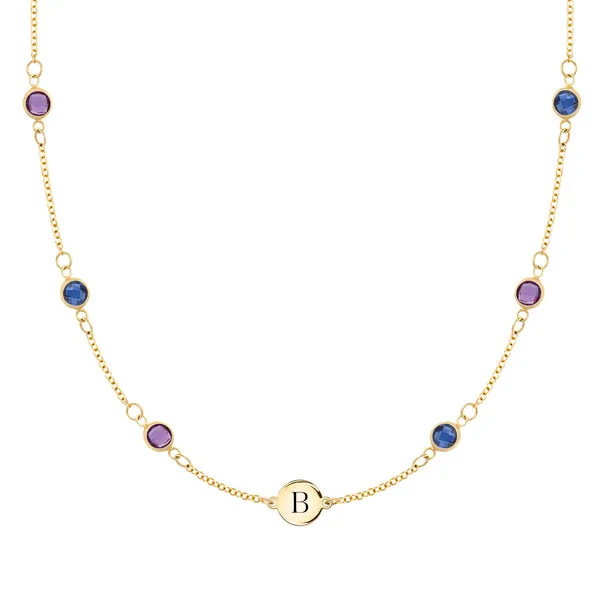Personalized Classic 1 Letter & 6 Birthstone Necklace in 14k Gold (Double Spacing) sold by Haverhill