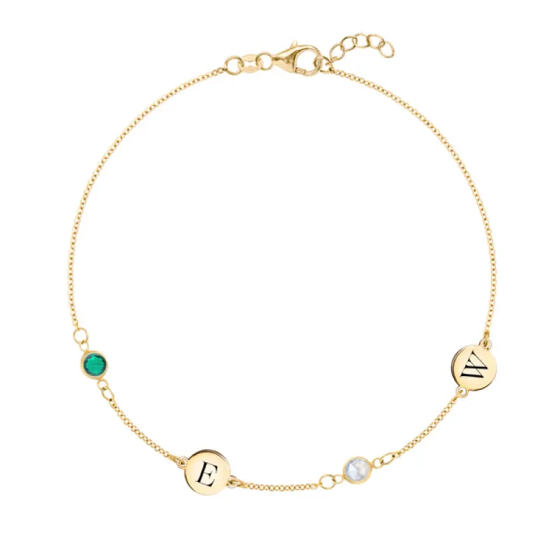 Personalized Classic 2 Letter & 2 Birthstone Bracelet in 14k Gold sold by Haverhill