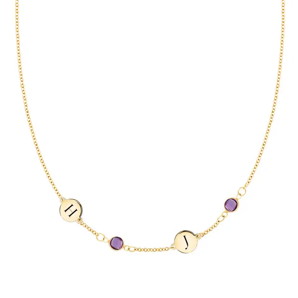Personalized Classic 2 Letter & 2 Birthstone Necklace in 14k Gold (Single Spacing) sold by Haverhill
