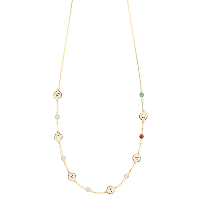 Personalized Classic 6 Letter & 6 Birthstone Necklace in 14k Gold (Single Spacing) sold by Haverhill