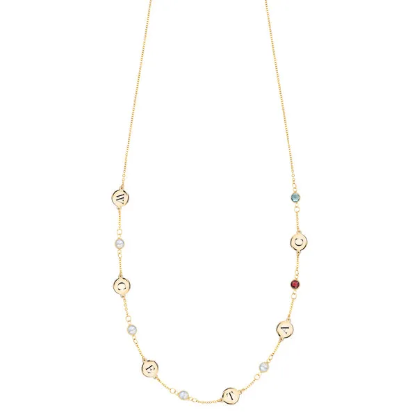 Personalized Classic 6 Letter & 6 Birthstone Necklace in 14k Gold (Single Spacing) sold by Haverhill