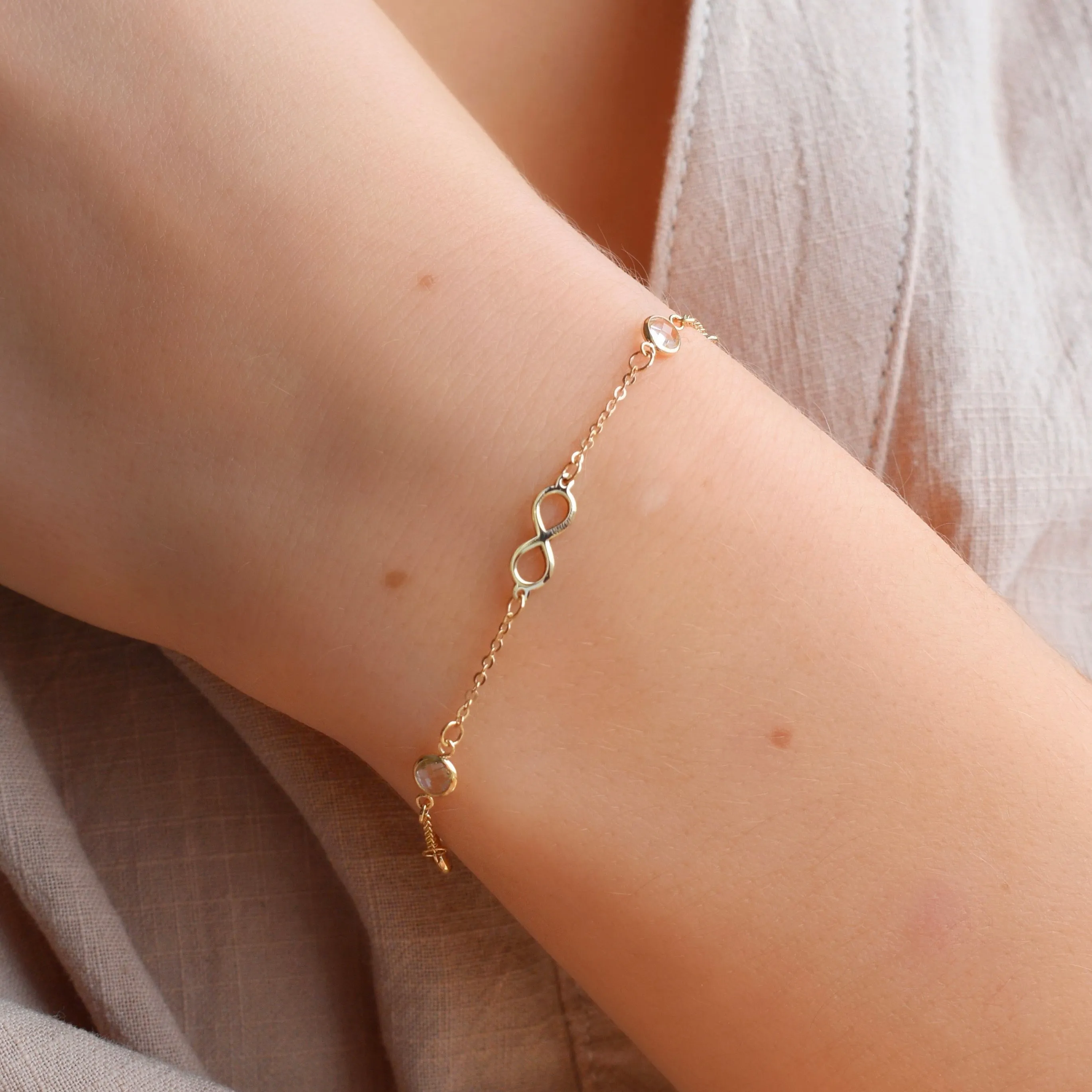 Personalized Classic Infinity & 4 Birthstone Bracelet in 14k Gold sold by Haverhill product image thumbnail 3