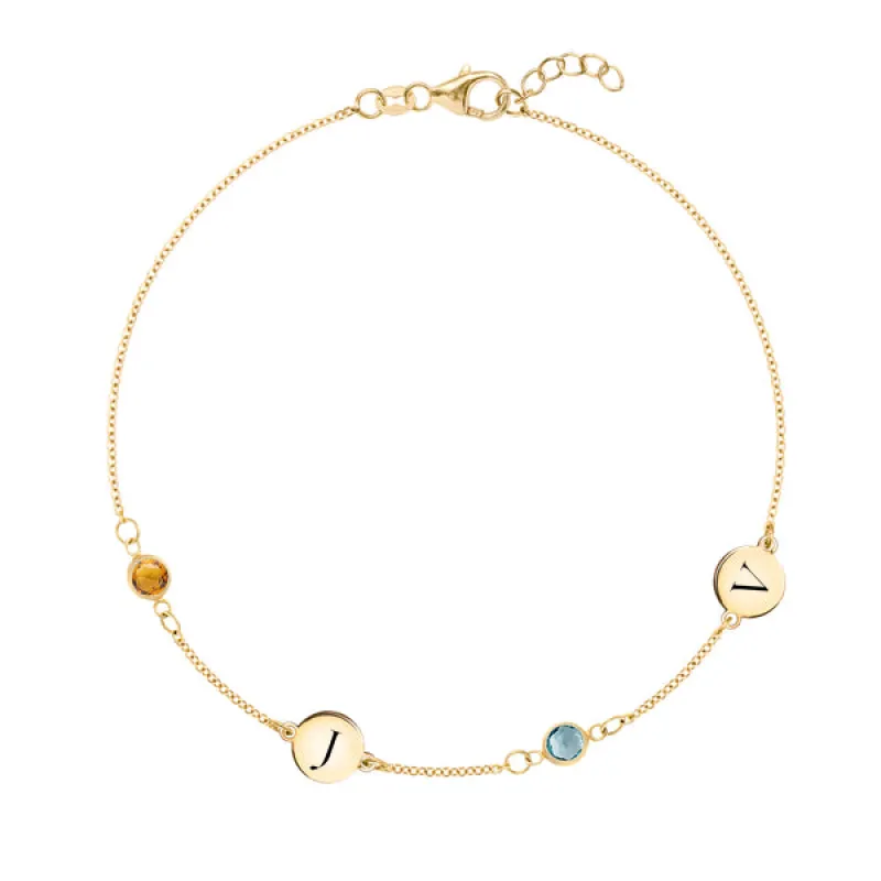 Personalized Classic 2 Letter & 2 Birthstone Bracelet in 14k Gold sold by Haverhill