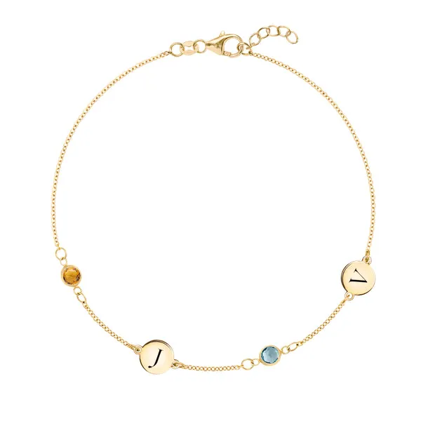 Personalized Classic 2 Letter & 2 Birthstone Bracelet in 14k Gold sold by Haverhill