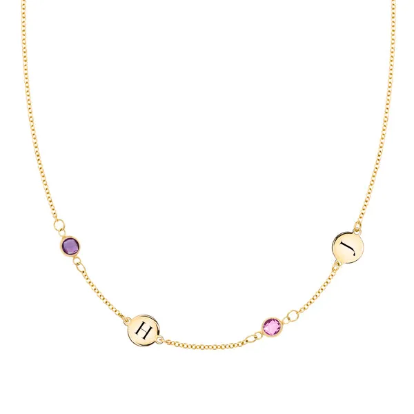 Personalized Classic 2 Letter & 2 Birthstone Necklace in 14k Gold (Double Spacing) sold by Haverhill