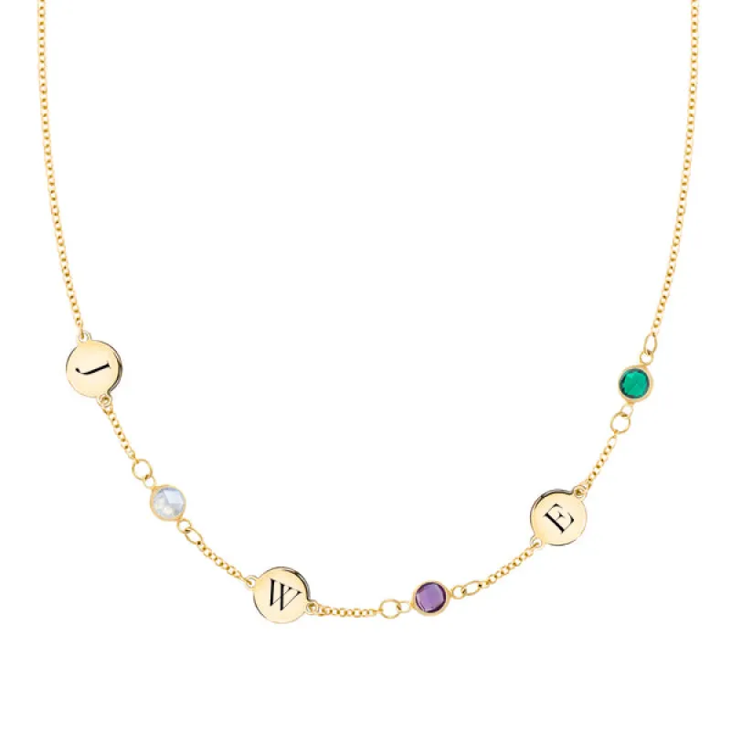 Personalized Classic 3 Letter & 3 Birthstone Necklace in 14k Gold (Single Spacing) sold by Haverhill