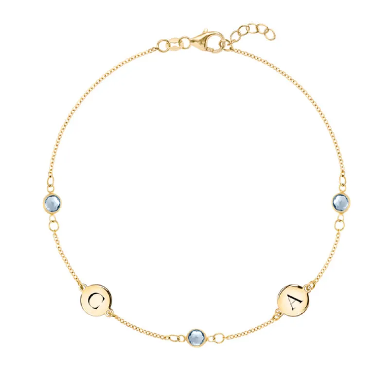 Personalized Classic 2 Letter & 3 Birthstone Bracelet in 14k Gold sold by Haverhill