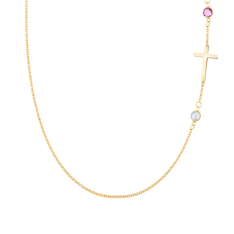 Personalized Classic Cross & 2 Birthstone Necklace in 14k Gold sold by Haverhill
