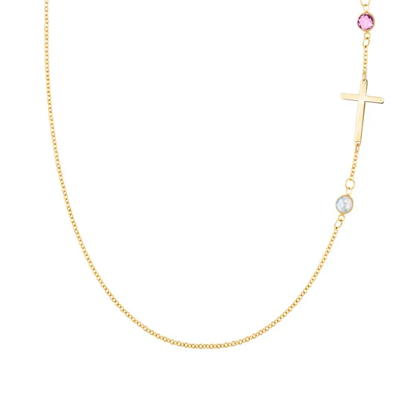 Personalized Classic Cross & 2 Birthstone Necklace in 14k Gold sold by Haverhill