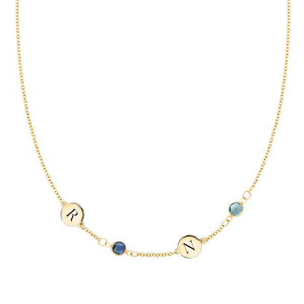 Personalized Classic 2 Letter & 2 Birthstone Necklace in 14k Gold (Single Spacing) sold by Haverhill