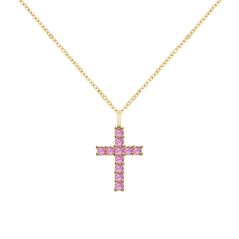Rosecliff Cross Pink Sapphire Pendant in 14k Gold (October) sold by Haverhill
