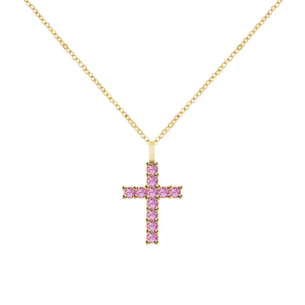 Rosecliff Cross Pink Sapphire Pendant in 14k Gold (October) sold by Haverhill