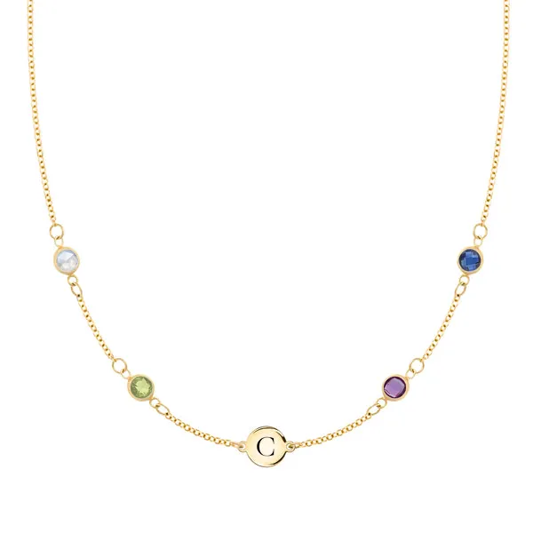 Personalized Classic 1 Letter & 4 Birthstone Necklace in 14k Gold (Double Spacing) sold by Haverhill