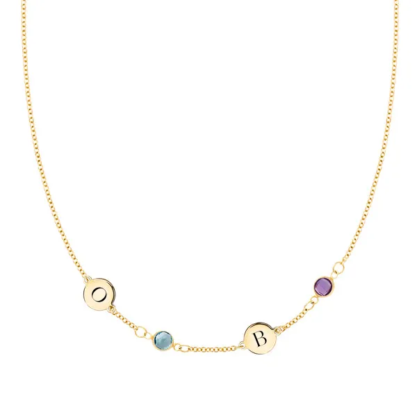 Personalized Classic 2 Letter & 2 Birthstone Necklace in 14k Gold (Single Spacing) sold by Haverhill