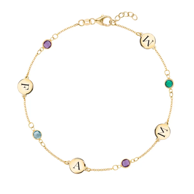 Personalized Classic 4 Letter & 4 Birthstone Bracelet in 14k Gold sold by Haverhill