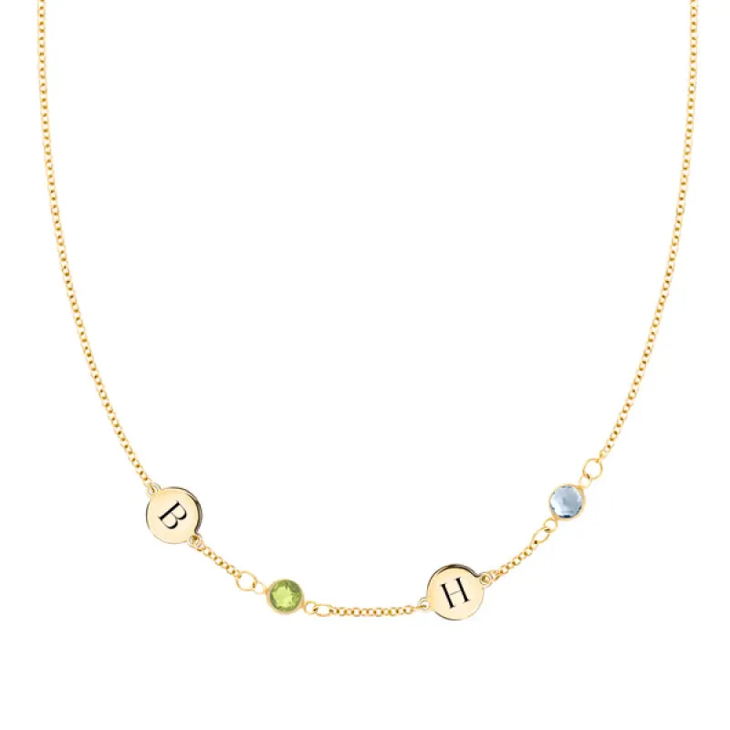 Personalized Classic 2 Letter & 2 Birthstone Necklace in 14k Gold (Single Spacing) sold by Haverhill