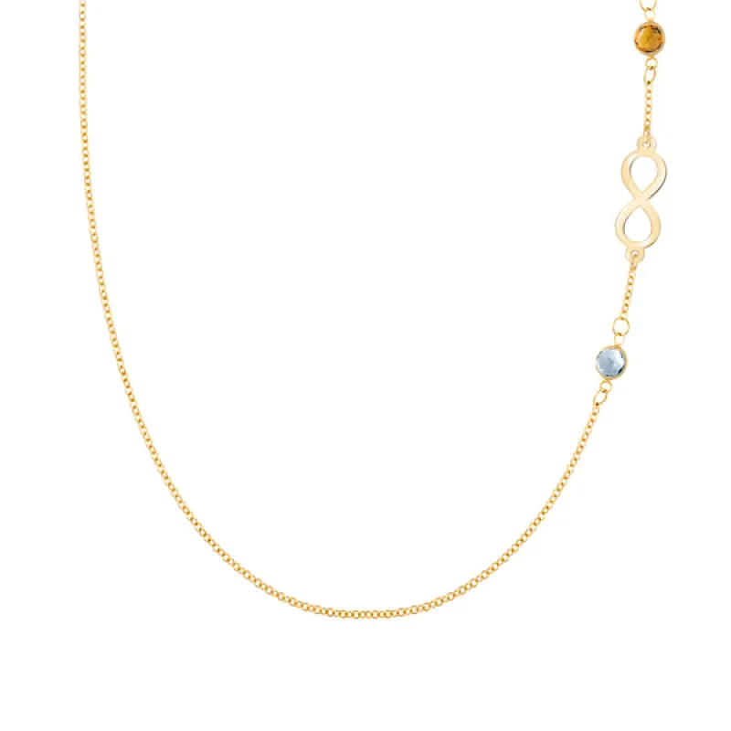 Personalized Classic Infinity & 2 Birthstone Necklace in 14k Gold sold by Haverhill