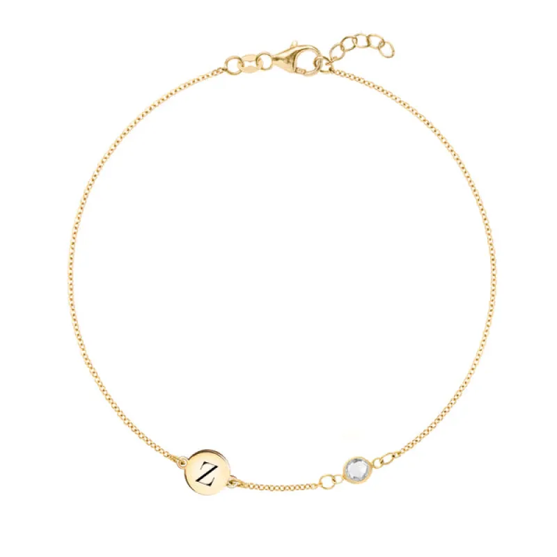 Personalized Classic 1 Letter & 1 White Topaz Bracelet in 14k Gold (April) sold by Haverhill