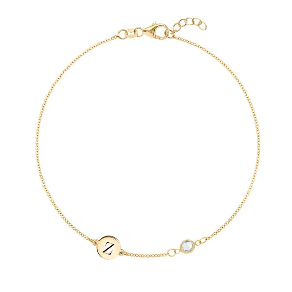 Personalized Classic 1 Letter & 1 White Topaz Bracelet in 14k Gold (April) sold by Haverhill