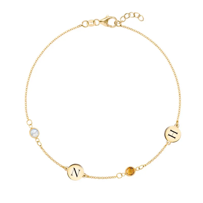 Personalized 2 Letter & 2 Classic Birthstone Bracelet in 14k Gold sold by Haverhill