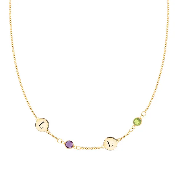 Personalized Classic 2 Letter & 2 Birthstone Necklace in 14k Gold (Single Spacing) sold by Haverhill
